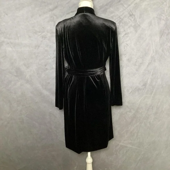 KS Petite 8P Black Velvet Wrap Dress With Shoulder Pads Glam Chic Knee Length - Picture 2 of 6